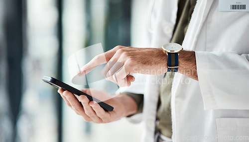 Image of Hands, phone and man doctor typing message, social media or planning online schedule in a hospital. Telehealth, search and male healthcare expert with smartphone for advice, chat or research check