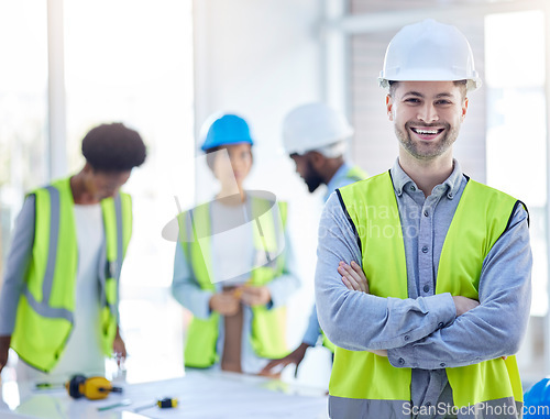 Image of Construction worker, man portrait and arms crossed of engineer, builder or contractor. Industrial, handyman gear and male person with confidence and proud from engineering and architecture project