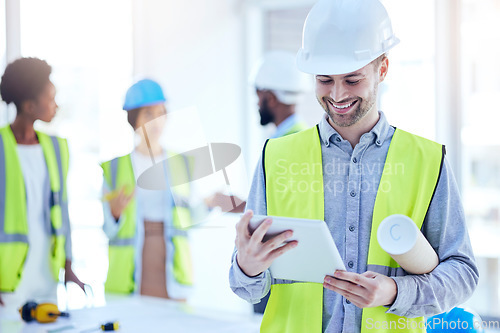 Image of Construction worker, tablet and man with blueprint of engineer, builder or contractor. Industrial, handyman app and male person with digital info and smile from engineering and architecture project