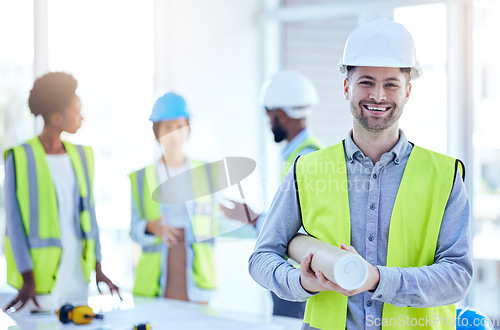 Image of Construction worker, man portrait and blueprint of engineer, builder or contractor. Industrial, handyman gear and male person with confidence and proud from engineering and architecture project