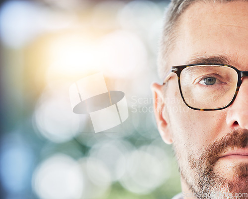 Image of Glasses, optometry and portrait with eye of man with eyewear, spectacles and optician with bokeh. Half, face and male person with stylish frame, vision from optometrist and eyesight with mockup space