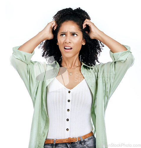 Image of Puzzled, thinking and confused woman in studio with doubt and planning solution with problem solving. Female person, ideas and question of a model with white background and thoughts with head scratch