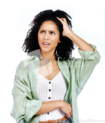 Image of Confused, thinking and woman in studio with why, wtf and anxiety, annoyed or reaction on white background. Doubt, panic and face of female with why, questions and ask, emoji and problem with choice