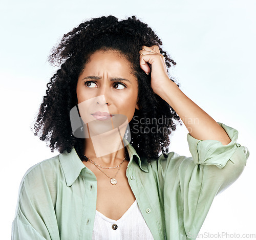 Image of Woman, frustrated thinking and confused in studio with ideas, mistake and fail by white background. African girl, model or student with stress, doubt or memory with mindset, decision and questions