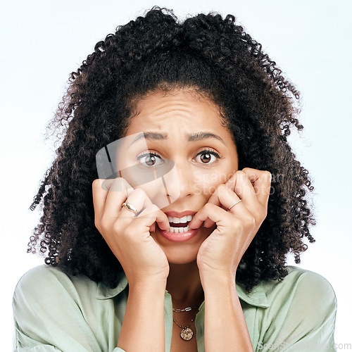 Image of Bite nails, anxiety and portrait of woman on a white background with worry, doubt and uncertain. Scared, face and female person worried, anxious and unsure for problem, crisis and choice in studio