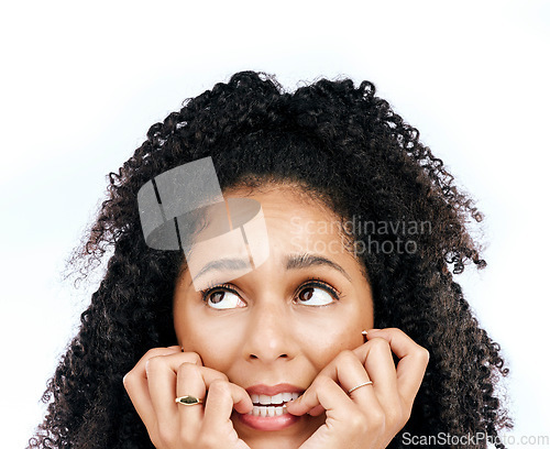 Image of Bite nails, thinking and face of woman on a white background for worry, doubt and uncertain. Anxiety, confused and female person worried, anxious and unsure for problem, crisis and choice in studio