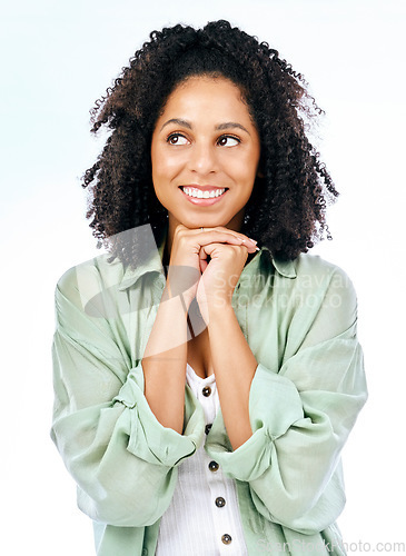 Image of Thinking, smile and hope with a woman in studio isolated on a white background to wish or pray. Idea, dream and excited with a happy young female person looking or feeling positive in anticipation