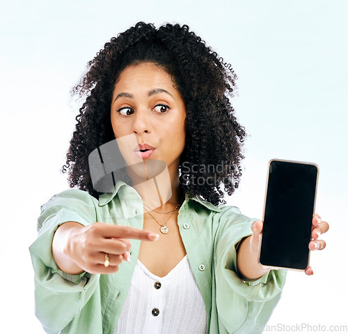 Image of Screen, pointing or woman with phone or mockup on white background on social media or product placement. Discount, online or person showing mobile app promo, website or tech mock up space in studio