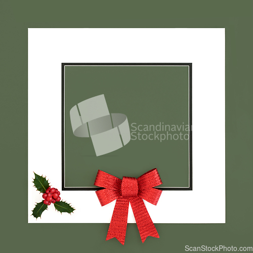 Image of Christmas Winter Holly Berry and Red Bow Background Frame