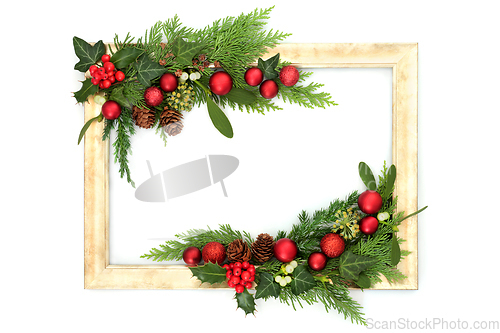 Image of Christmas Decorative Flora and Bauble Winter Frame