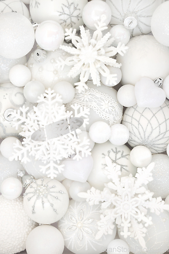 Image of Christmas Snowflake and White Bauble Ornaments Background