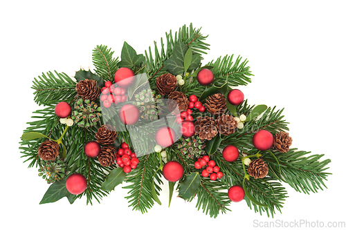 Image of Christmas Traditional Flora with Red Bauble Decorations  