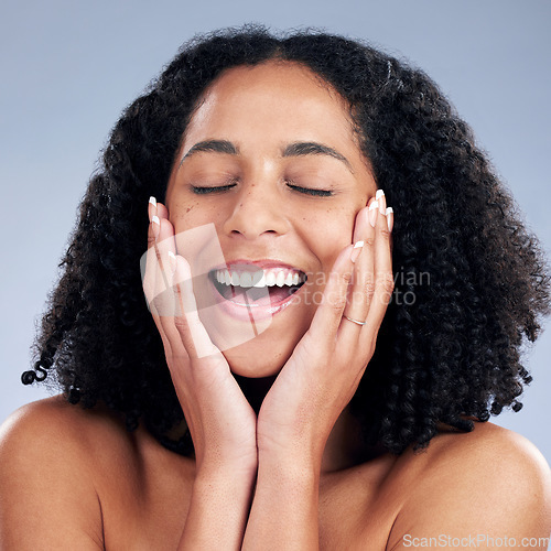 Image of Woman, eyes closed and studio for skincare, beauty or excited smile for health, results and soft texture. Girl, young African model and hands on face for wellness, aesthetic and natural by background