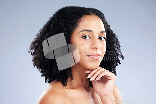 Image of Portrait, skincare and aesthetic with a model woman in studio on a gray background banner for beauty. Face, natural and hair with a young female person at the salon for luxury wellness or treatment