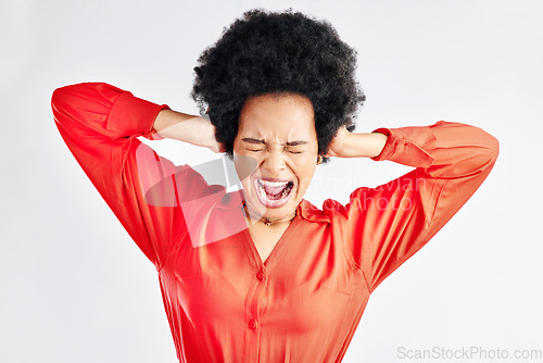 Image of Frustrated, screaming and black woman with stress, anger and mistake on a white background in studio. Female person, shouting and African model angry about fail or problem with rage emotion