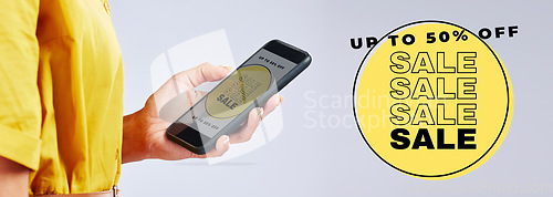 Image of Hand, phone screen and online shopping sale in studio with search, scroll or website for choice by white background. Person, smartphone and e commerce app for digital customer experience for discount