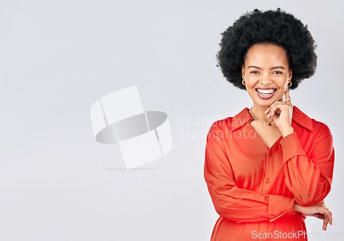 Image of Happy, mockup and portrait of a black woman on a white background in studio with arms crossed or pride. Smile, confidence and an African person isolated on a banner backdrop with advertising space