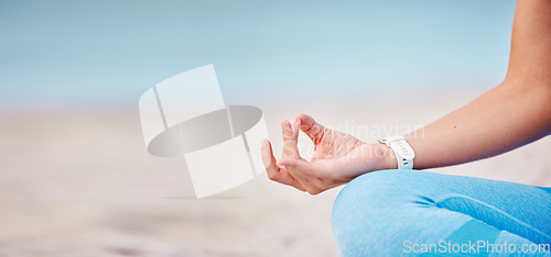 Image of Woman, hands and yoga on beach for meditation, spiritual wellness or outdoor zen workout in fitness. Closeup of calm female person in relax on ocean coast for mindfulness or inner peace on mockup