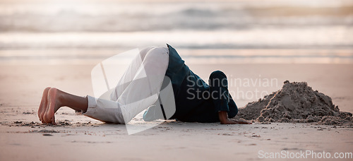 Image of Search, digging and a man in the beach sand in nature for travel fun or holiday adventure in summer. Earth, looking and a person with a check in the ground at the ocean for treasure on vacation