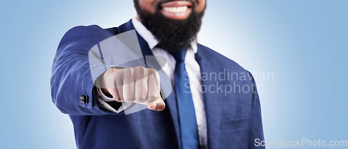 Image of Businessman, hands and fist bump for meeting or partnership on banner against a blue studio background. Closeup of man touching for business deal, approval or success in agreement, unity or teamwork