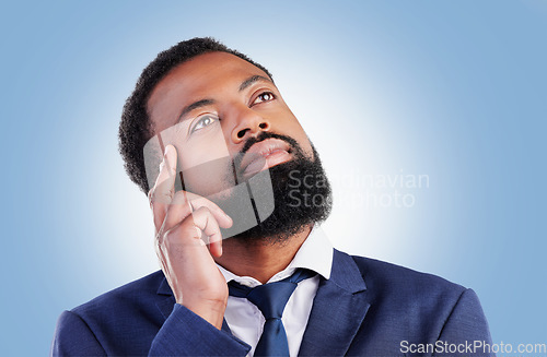 Image of Thinking, idea and black man in studio with choice, planning or problem solving on blue background. Questions, why and African male with solution, plan and asking, how or did you know decision emoji