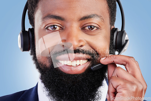Image of Customer service portrait, happy black man and confident agent for sales service, help desk administration or telecom. Telemarketing profile picture, studio face and African person on blue background