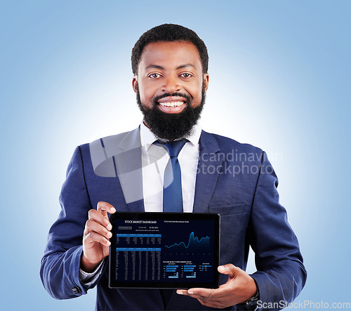 Image of Fintech, tablet and corporate portrait with business man and stock market data of cryptocurrency in studio. Happy, investment info and financial worker with smile from trading, web chart and profit