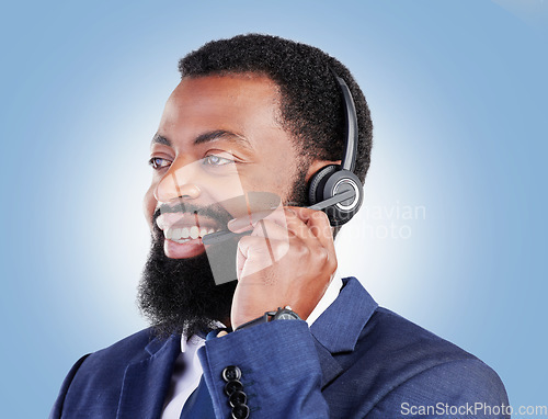 Image of Customer service headset, happy black man and consulting about ecommerce service, help desk advice or contact us. Telemarketing, studio face or African person talking on microphone on blue background