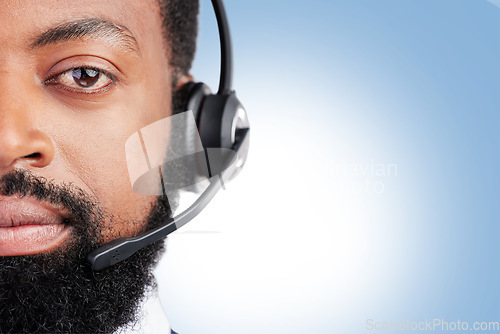 Image of Customer service headset, portrait and serious black man in studio consultation, help desk support or contact us service. Telemarketing space, face and African person on mockup blue background banner