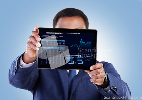 Image of Screen, tablet and investing with business man and stock market data of cryptocurrency in studio. Tech, investment info and financial worker with ui showing statistics, web chart and digital profit