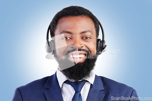 Image of Customer service portrait, happy black man and business agent for consultation, help desk support or contact us. Telemarketing, studio face and African person for call center sales on blue background