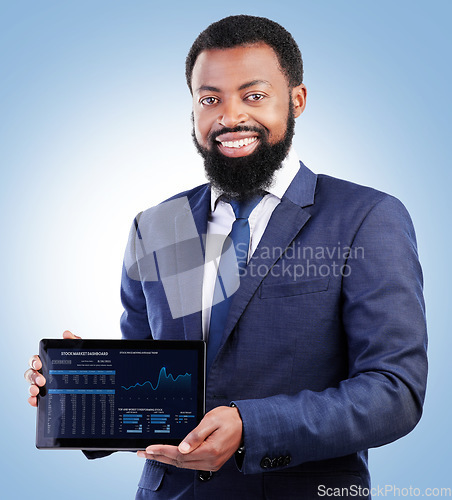 Image of Screen, tablet and portrait with finance business man and stock market data of cryptocurrency in studio. Happy, investment info and financial worker with smile from statistics, web chart and profit