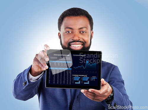 Image of Fintech, tablet and portrait with business man and stock market data of cryptocurrency in studio. Happy, investment info and financial worker with smile from statistics, web chart and digital profit