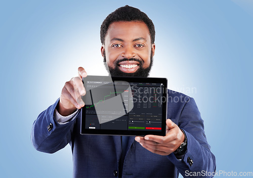 Image of Finance data, tablet and business man portrait with stock market chart of cryptocurrency in studio. Happy, investment info and fintech worker with smile from statistics, web and digital profit