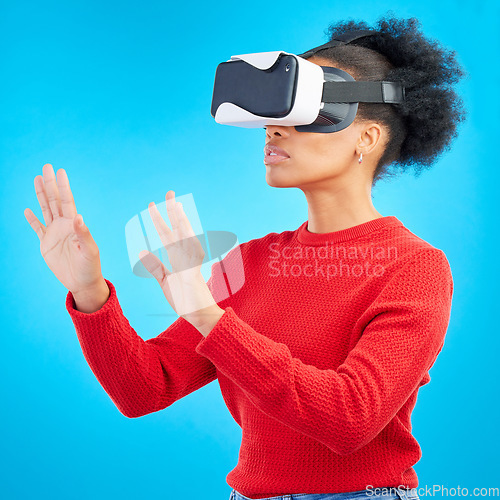 Image of VR, metaverse and digital glasses with woman and video gaming for augmented reality. Studio, female person and blue background with future technology and online web user with 3d virtual network