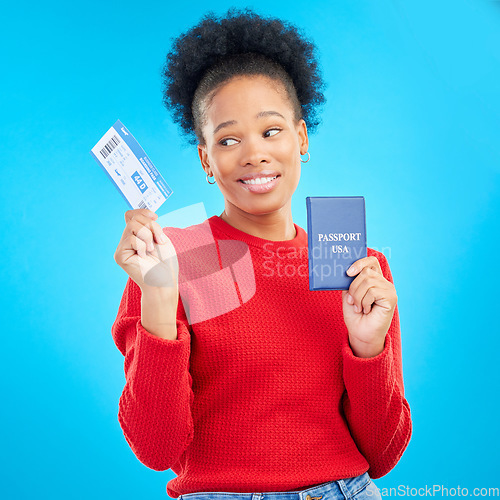 Image of African woman, passport and thinking in studio with plane ticket, doubt or decision for travel by blue background. Gen z girl, student and ideas with paperwork for international immigration to USA