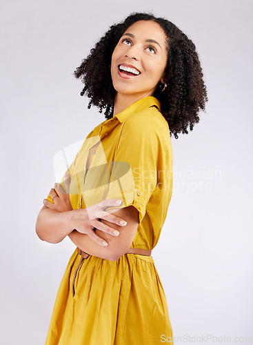 Image of Thinking, fashion and woman in studio with an idea and positive mindset isolated on a white background. Excited, arms crossed and young african female person with inspiration, style or solution