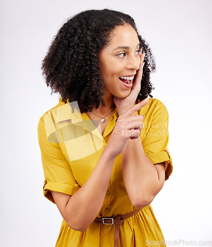 Image of Wow, pointing and excited woman in studio with a surprise or advertising isolated on a white background. Promotion, sale and young african female person with hand sign for discount announcement