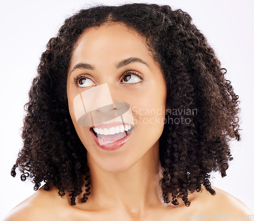 Image of African woman, thinking and skincare in studio with choice, decision or brainstorming ideas for natural beauty on white background. Healthy, skin and solution for self care, wellness and cosmetics