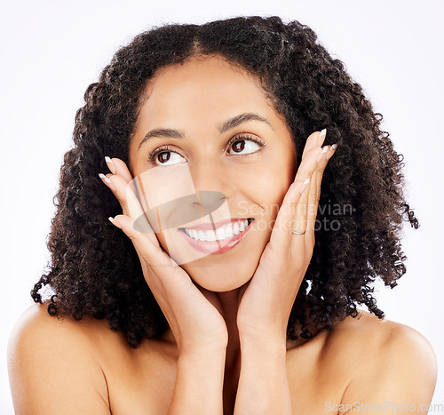Image of Happy, African woman and thinking of skincare in studio with choice, decision or model with ideas for natural beauty on white background. Healthy, skin and solution for wellness and cosmetics