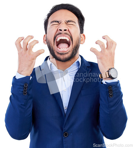 Image of Frustrated, anger and screaming with business man in studio for headache, stress and burnout. Mental health, anxiety and fear with male employee on white background for fatigue, mistake and problem