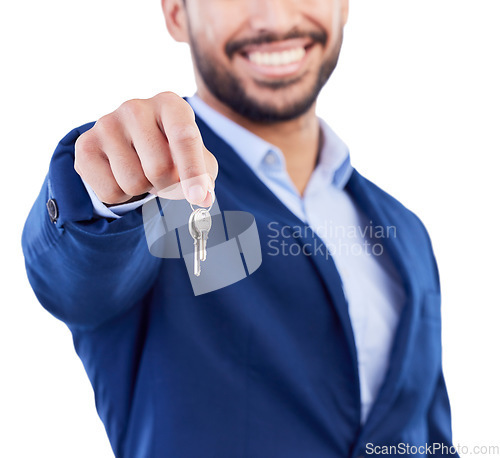 Image of Keys, studio hands and happy man, realtor or salesman for new house investment, property payment or sales success. New home apartment, closeup male agent and real estate ownership on white background