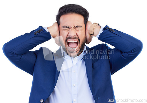 Image of Noise, anger and screaming with business man in studio for headache, frustrated and burnout. Mental health, anxiety and fear with employee on white background for fatigue, mistake and stress problem
