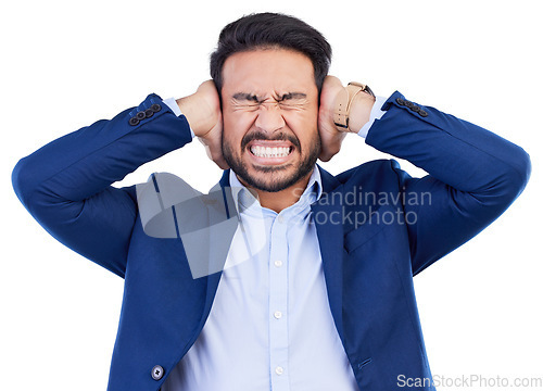 Image of Stress, anger and screaming with business man in studio for headache, frustrated and burnout. Mental health, anxiety and angry with male employee on white background for fatigue, mistake and problem