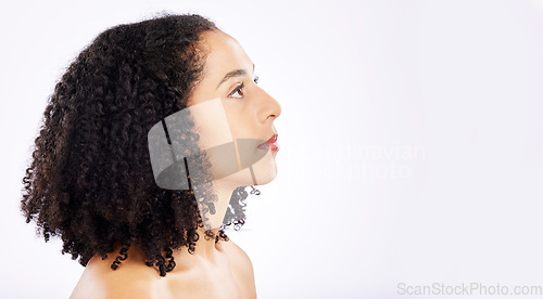 Image of Thinking, African woman and skincare mockup in studio with choice, decision or ideas for natural beauty on banner, space or background. Healthy, skin or vision of self care, wellness and cosmetics