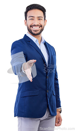 Image of Happy businessman, portrait and handshake for hiring, job opportunity or meeting against a white studio background. Asian man smile shaking hands in career for recruiting, introduction or greeting