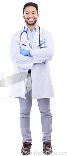 Image of Man, doctor and portrait with arms crossed and smile from healthcare and medical work in studio. Isolated, white background and happy male professional with job success from hospital help with pride