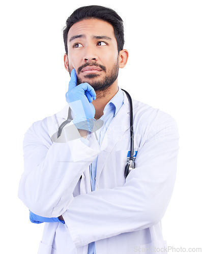 Image of Thinking, man doctor and problem solving in studio with hospital, healthcare and medical vision with focus. Isolated, white background and scientist idea for clinic support with work and professional