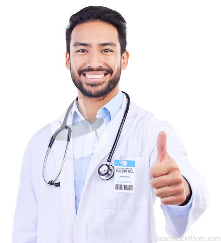 Image of Man, doctor portrait and thumbs up with smile from healthcare and medical work in studio. Isolated, white background and happy male professional with emoji and yes hand gesture for success and like