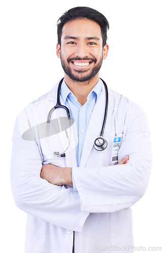 Image of Man, doctor portrait and arms crossed with smile from healthcare and medical work in studio. Isolated, white background and happy male professional with job success from hospital help with pride